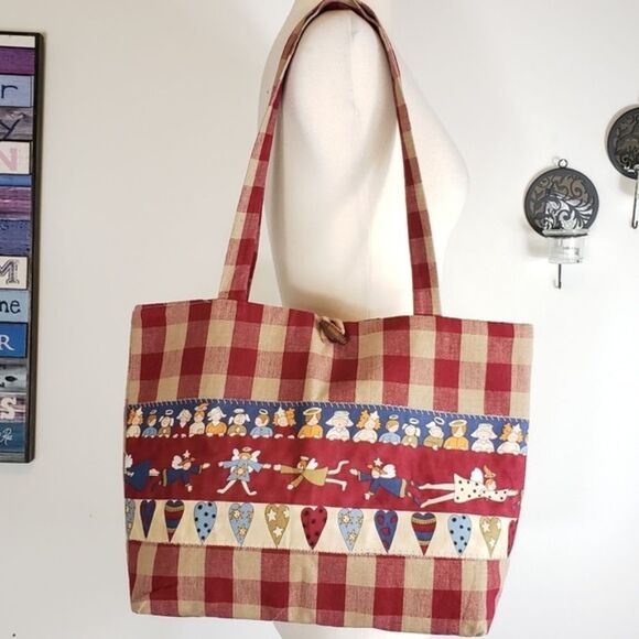 Vintage Christmas Holiday gingham red cream Checked patchwork shoulder Tote bag - Picture 1 of 8